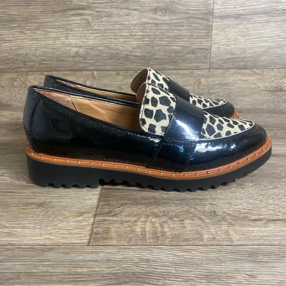 Halogen Leopard Calf Hair Chunky Studded Loafer Black Leather Animal Print W6 - Picture 2 of 6